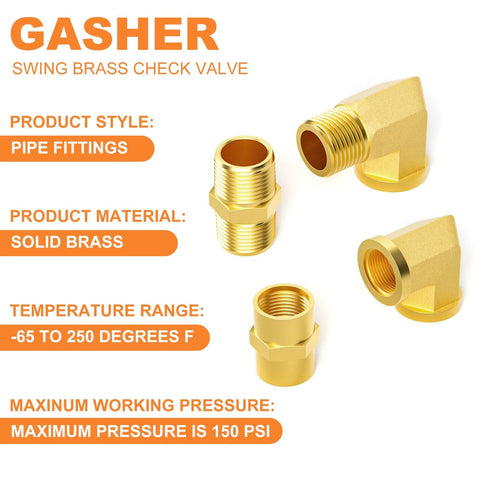 GASHER 8-piece brass pipe fittings kit, 1/4 in NPT, includes hex nipple, hex coupling and 90-degree street elbow