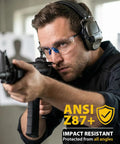 Man aiming a rifle wearing Four Pack ANSI Z87.1 Safety Glasses for Men and Women with clear scratch resistant lenses and blue temples.