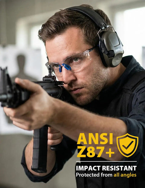 Man aiming a rifle wearing Four Pack ANSI Z87.1 Safety Glasses for Men and Women with clear scratch resistant lenses and blue temples.