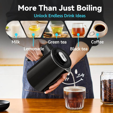 Person pouring hot water from 850Ml Small Electric Kettle With Temperature Control Your Quick Heat Buddy 800W Fast Boil Double Wall 304 Stainless Steel Five Temperature Presets Auto Shut Off Safe For Tea And Coffee Compact Kitchen Office Dorm Black into cup