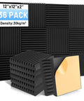 Dope Soundproof Foam Panels 36 Pack High Density Acoustic Wedges Self Adhesive Noise Fighting Tiles For Home Studio Office Game Room Setup Quieten Any Space Smooth Wall Decor - black foam tiles, 12x12x2 inches, stacked.