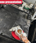 Close-up of Top Shelf Car Battery Terminal Connector Kit With Beefy Positive And Negative Post Clamps on vehicle battery.
