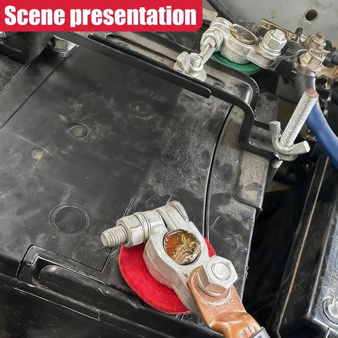Close-up of Top Shelf Car Battery Terminal Connector Kit With Beefy Positive And Negative Post Clamps on vehicle battery.