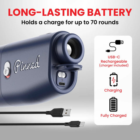 Close-up of Slope Golf Rangefinder with USB-C port for charging and battery life details, showcasing long-lasting performance.