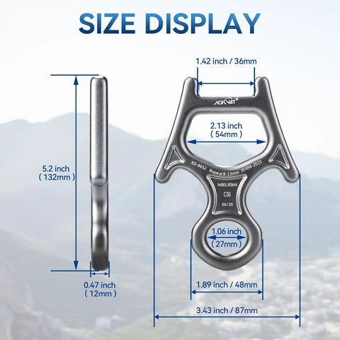 Size dimensions of Beefy 30kN Figure 8 Descender Made From 7075 Aluminum, Heavy Duty Belaying And Rappelling Device
