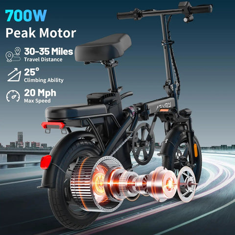 Foldable 14 Inch Electric City Bike For Adults With Removable 48V 10Ah Battery, rear view showing motor details