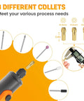 69 Piece Rotary Tool Accessories Kit With 1.0 1.6 2.3mm Chucks, showing collets and various tool bits for DIY projects.