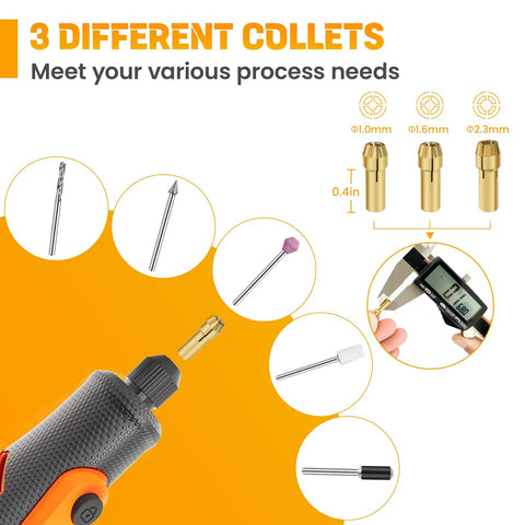 69 Piece Rotary Tool Accessories Kit With 1.0 1.6 2.3mm Chucks, showing collets and various tool bits for DIY projects.