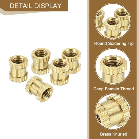 Dope M2.5 Knurled Brass Insert Nuts 4mm Long, 3.8mm Outer Diameter, 0.45mm Pitch, Double-Pass I-Shaped Embedment Nut detail view
