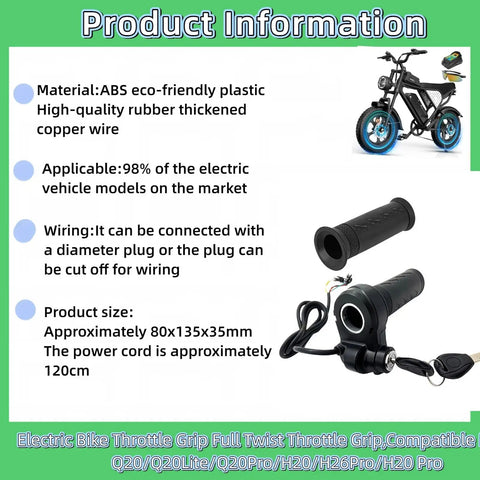 Product information for Full Twist Throttle Grip With 2 Keys for Ridstar Q20 Q20Lite Q20Pro H20 H26Pro Electric Bikes.