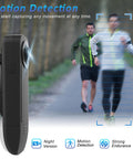 Side view of Wearable Mini Body Camera With 1080P HD Video And Audio, 64GB Card Included, capturing joggers with motion detection.