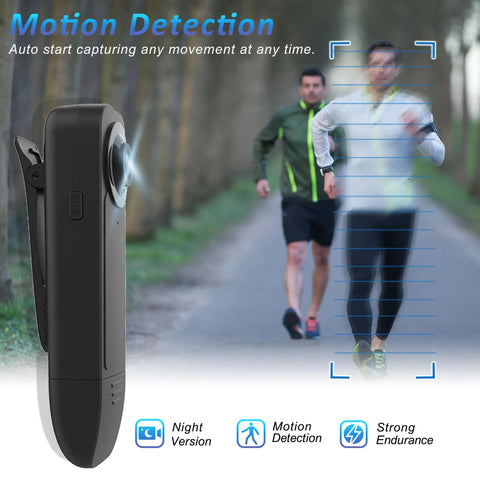 Side view of Wearable Mini Body Camera With 1080P HD Video And Audio, 64GB Card Included, capturing joggers with motion detection.