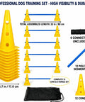 Dog Agility Training Kit With 12 Cone Hurdles And Adjustable Jump Bars, cones with dimensions, poles, and connectors shown