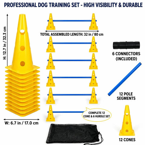 Dog Agility Training Kit With 12 Cone Hurdles And Adjustable Jump Bars, cones with dimensions, poles, and connectors shown