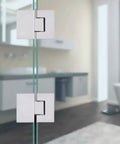 Heavy Hitter Solid Brass Shower Door Hinges, 180 Degree Smooth Swing Pivot Kit, brushed nickel finish on glass door.