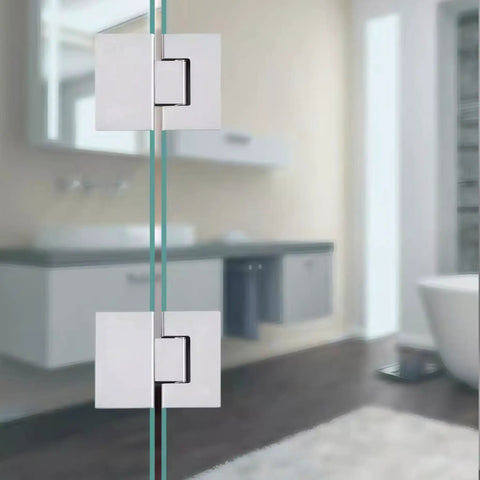 Heavy Hitter Solid Brass Shower Door Hinges, 180 Degree Smooth Swing Pivot Kit, brushed nickel finish on glass door.