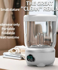 Mini Portable Washing Machine for Socks and Undies 1.6L Cordless USB Rechargeable Battery Operated Compact Laundry Washer shown on table.