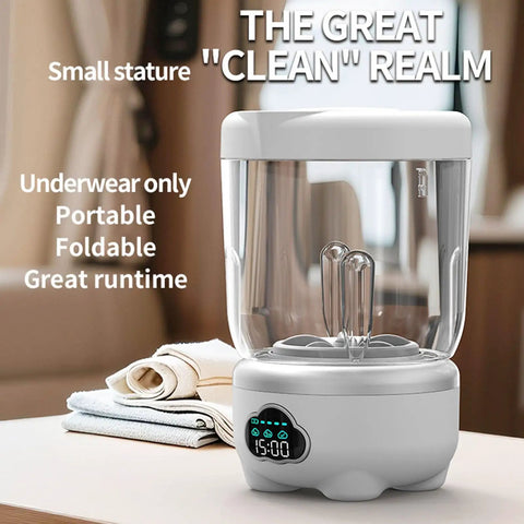 Mini Portable Washing Machine for Socks and Undies 1.6L Cordless USB Rechargeable Battery Operated Compact Laundry Washer shown on table.