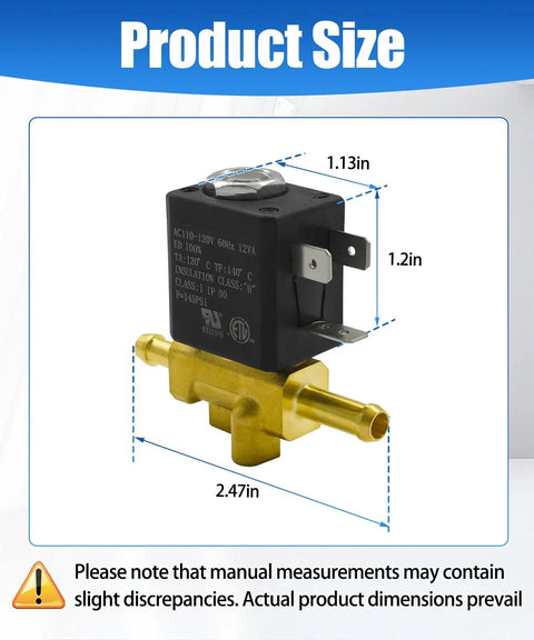 Replacement Clean Machine Solenoid Valve 2037436 dimensions with brass and black components