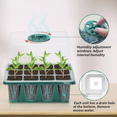 Two Pack Seed Starter Tray Propagation Station With Full Spectrum Grow Light And Timing Controller Humidity Domes And Base Mini Greenhouse Kit showcasing seedlings with humidity dome and adjustment windows.