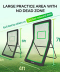 Backyard Lax Rebounder Net With 7x4 Foot Practice Area And Five Adjustable Angles shown on lawn, comparison of sizes.
