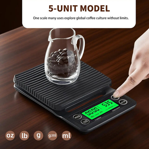 Coffee Scale With Timer 0.1g Precision, 3kg Drip Espresso Scale, displaying weight with coffee beans on non-slip mat, black