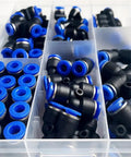 Huge 51 Piece Pneumatic Connector Kit With Quick Push Fit Fittings For 6mm OD Tubing That Lets You Connect Instantly No Tools Needed And Ensure Sealing Is Tight For All Your Air Line Projects, assorted plastic fittings in organizer tray