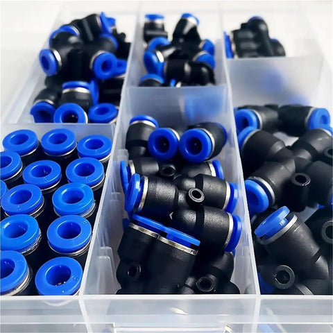 Huge 51 Piece Pneumatic Connector Kit With Quick Push Fit Fittings For 6mm OD Tubing That Lets You Connect Instantly No Tools Needed And Ensure Sealing Is Tight For All Your Air Line Projects, assorted plastic fittings in organizer tray