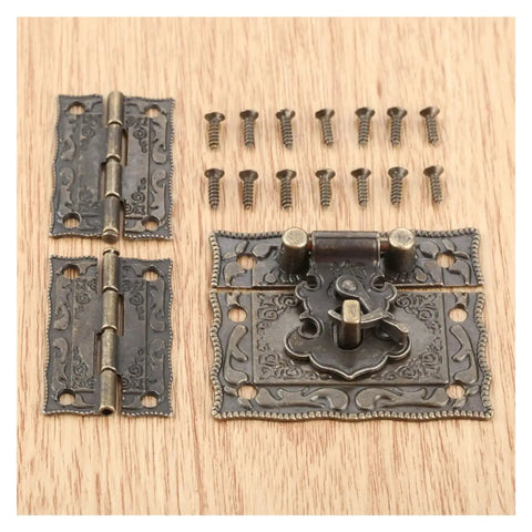 Three Piece Old School Antique Bronze Box Latch Set With Vintage Hasp Clasp And Hinges on wood surface