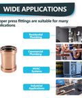 Wide applications of Five Pack Press Fit Copper XL Couplings with No Stop Sleeve for 4 inch pressure lines in plumbing.