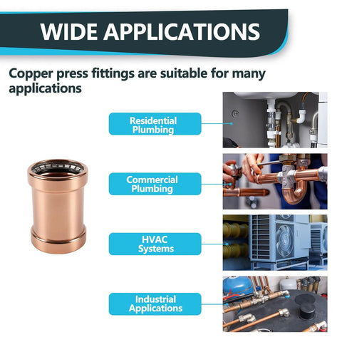 Wide applications of Five Pack Press Fit Copper XL Couplings with No Stop Sleeve for 4 inch pressure lines in plumbing.