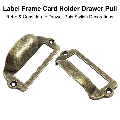 Eight Pack Antique Bronze Bin Cup Card Catalog Drawer Pulls For Cabinets And Furniture, displayed front and side view.