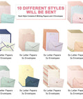 Ultimate 91 Piece Stationery Set with 10 different styles of letter papers and envelopes in various colors displayed.