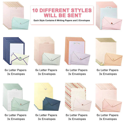 Ultimate 91 Piece Stationery Set with 10 different styles of letter papers and envelopes in various colors displayed.