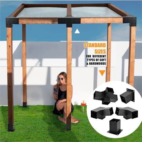 Heavy Duty Pergola Bracket Set With 15 Degree 3-Way Slanted Roof, Wall Mount Extension 4x4 Inches, installed on a wooden structure
