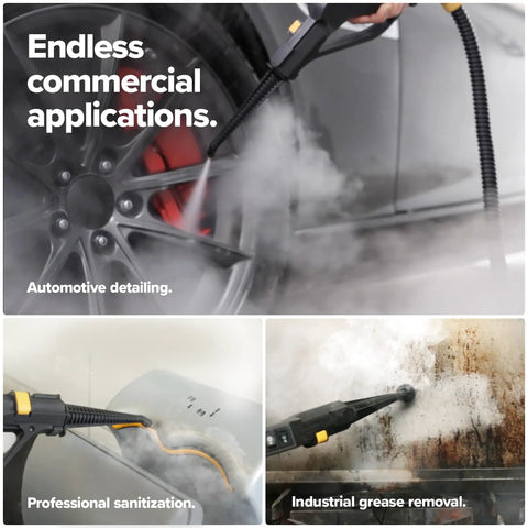 Heavy Duty Commercial Steam Cleaner With Slick Storage Bag Delivers Consistent Low Moisture Dry Vapor For Kick Ass Janitorial Hospitality And Auto Detailing Jobs At Any Venue, used for automotive detailing and industrial grease removal.