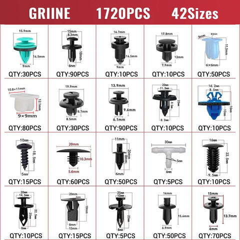 Heavy Duty 2041 Piece Shop Essentials Kit With Beefy Push Pin Retainers And Door Trim Clips To Fix Your Ride Quick Features Forty Two Proven Sizes For Toyota Ford Honda Chevy And Gm Trucks, displaying 42 fastener sizes.