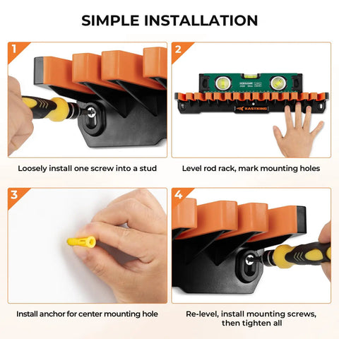 Steps for installing Heavy Duty Vertical Fishing Rod Holder Wall Mounted Rack Hooks Up 15 Large Rods in 18 inches
