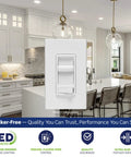 SureSlide LED Dimmer Switch for 150W Dimmable LED Halogen and Incandescent Bulbs, white, in modern kitchen setting.