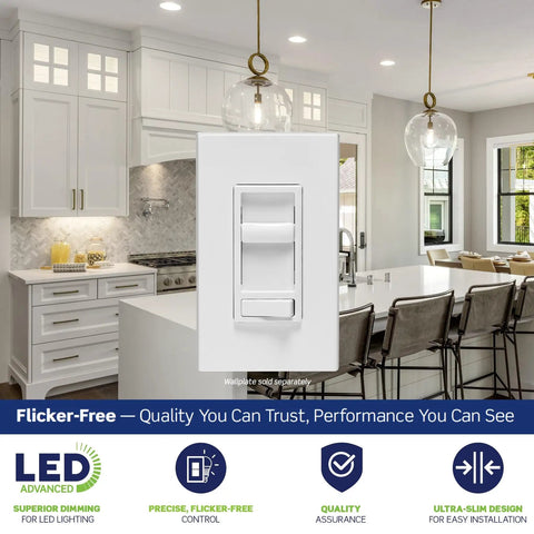 SureSlide LED Dimmer Switch for 150W Dimmable LED Halogen and Incandescent Bulbs, white, in modern kitchen setting.