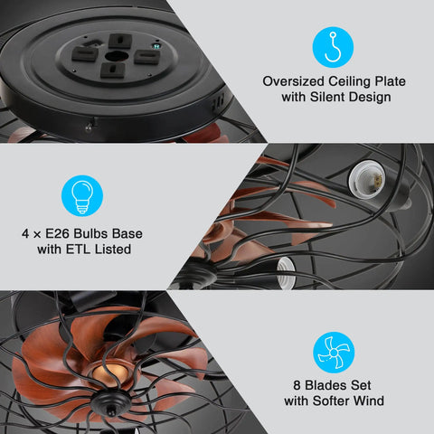 Industrial Black 20 Inch Caged Ceiling Fan With Light details, oversized ceiling plate, 8 blades, 4 E26 bulbs base.