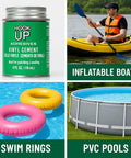 Vinyl Cement Adhesive for Waterproof, Heavy-Duty Fast-Drying Repairs on Pools, Inflatables, PVC, Air Mattresses, Tarps, Boats, Rafts and Upholstery with a Super Sticky Beast Bond 1 Oz bottle next to inflatable boat, swim rings, and PVC pool