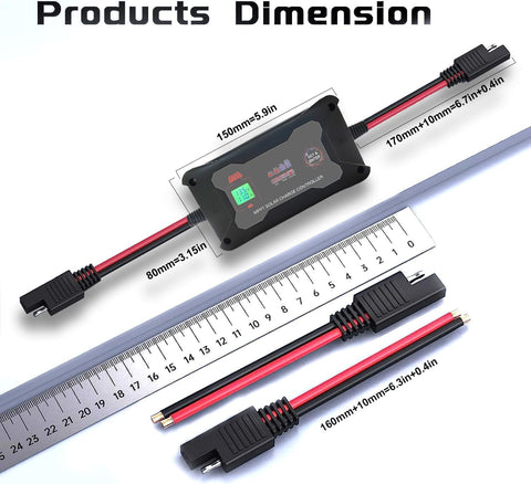 Portable 20 Amp MPPT Solar Charge Controller For 12V And 24V Systems With LCD Display And LED Status Light dimensions shown