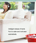 Woman relaxing with headphones next to Compact Ultrasonic Cleaner Machine With Slick Digital Touch Screen for easy cleaning.