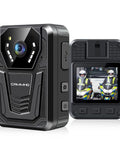 Heavy Duty 4K Body Camera With All Day Battery Life And True Black Night Vision, 128G Micro SD Card For Law Enforcement And Patrol Duties showing front and back views.