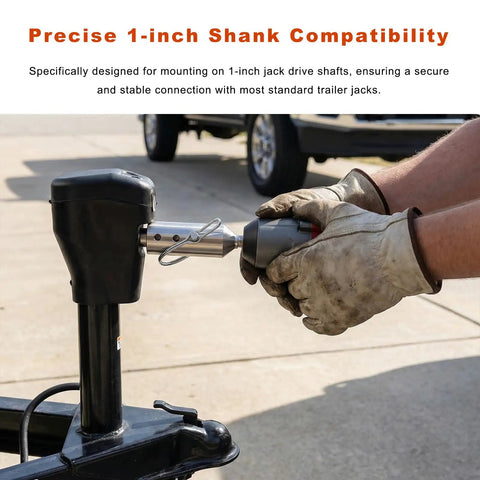 Heavy Duty Trailer Jack Drill Adapter featuring a rock solid stainless build securely mounted on a 1-inch jack.