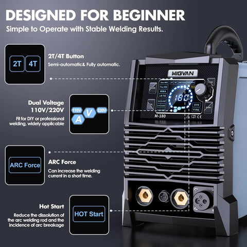 Front view of 180 Amp All In One MIG Welder With Dual Voltage 110V 220V featuring controls and display, for various welds