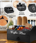 Coffee station organizer with drawer for countertop, farmhouse wood, seven compartments, holds pods, cups, and condiments