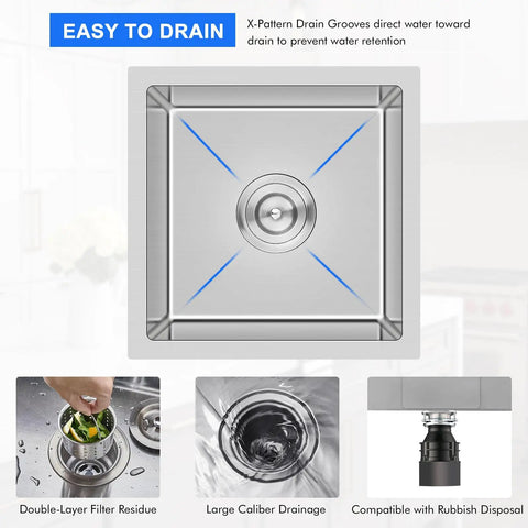 Undermount Bar Sink 15 x 15 Inch Single Bowl Stainless Steel Handcrafted Kitchen Sink, features easy drain design with filter.