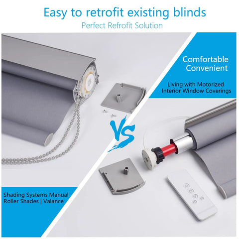 Manual vs motorized roller shades comparison, featuring 1.75 Inch Roller Shade Battery Powered Motor With Remote Control For Solar Roller Shades Windows Rechargeable Wireless Controller Fits One And Three Quarters Inch Cylinders Easy Install Quiet Operation.